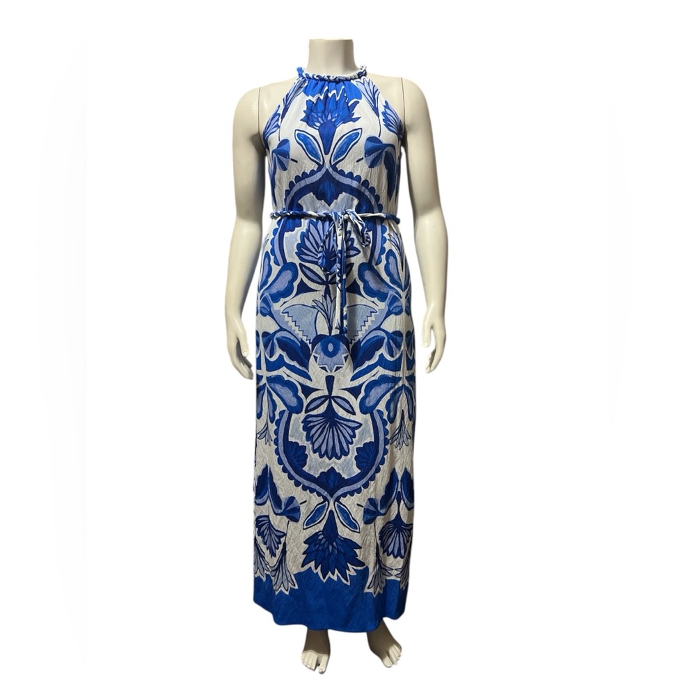 Vince Camuto Sz 14 Printed Halter Neck Sleeveless Belted Maxi A-Line Viscose NWT